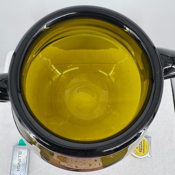 Vtg Olive Green Blown Glass Vase Black Handles Decorative Amphora Home Decor - Picture 4 of 7